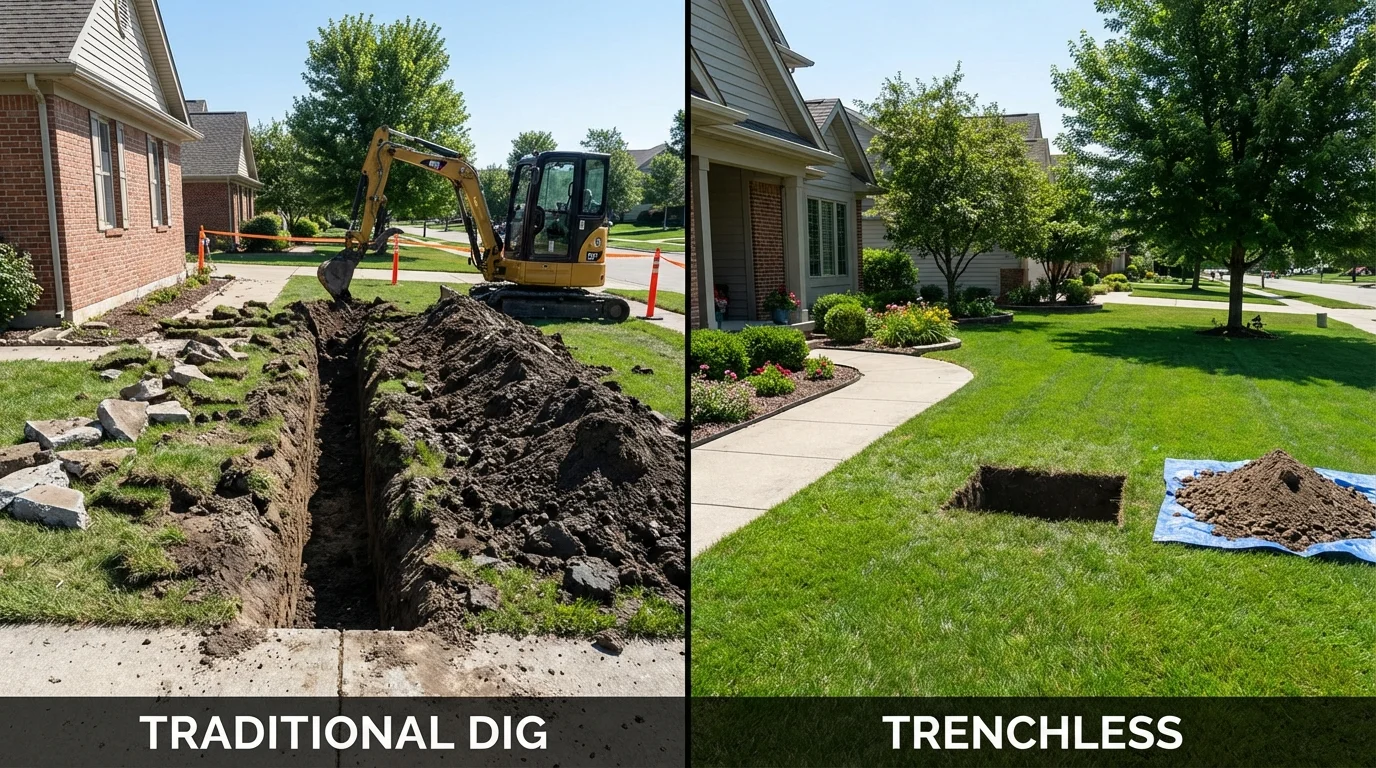 Trenchless sewer repair with minimal yard damage versus traditional excavation in Bolivar, TN