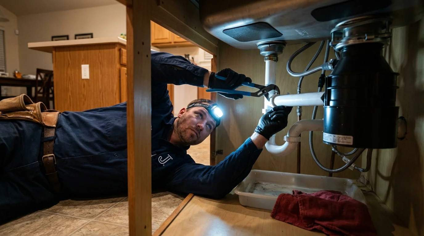 P-trap and supply line connections under a kitchen sink showing a common leak point in Bolivar, TN